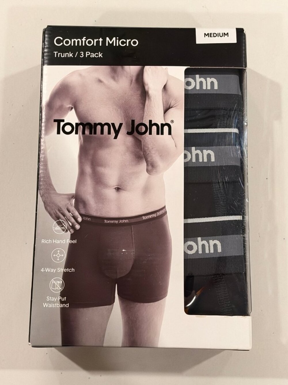 Tommy John Trunks Mens Medium Black Comfort Micro 3 Pack Microfiber Stretch $60